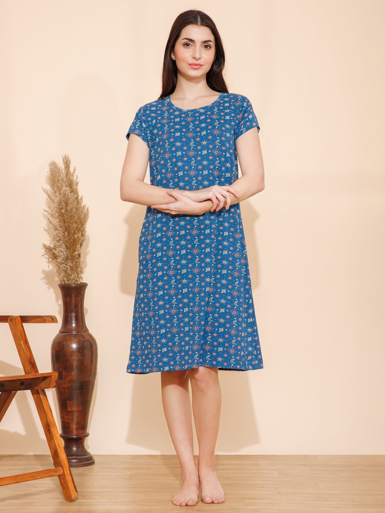 Cotton Shapes Print Knee Length Night Dress/Night Gown/Short Nighty