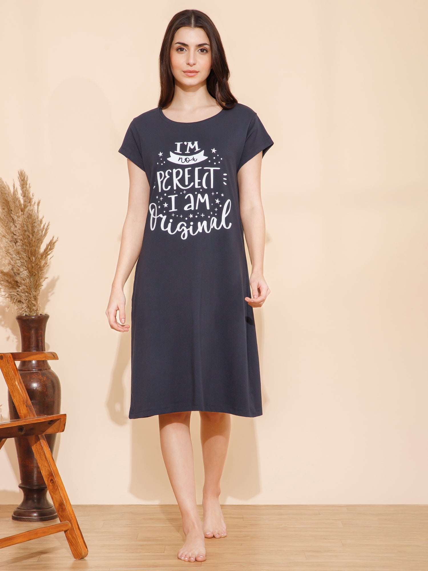 Cotton Chest Quote print Knee Length Night Dress/Night Gown/Short Nighty