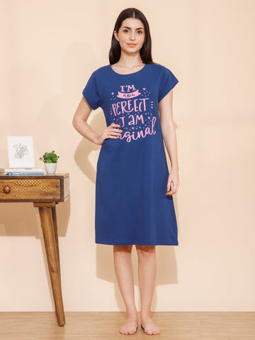 Cotton Chest Quote print Knee Length Night Dress/Night Gown/Short Nighty