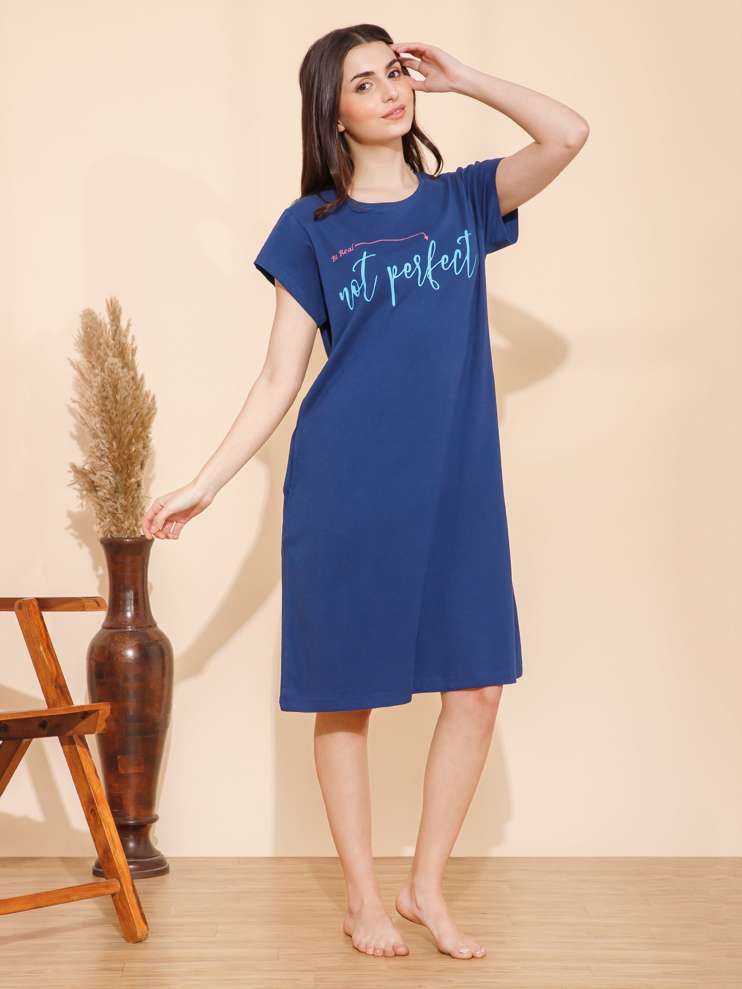 Cotton Chest Quote print Knee Length Night Dress/Night Gown/Short Nighty