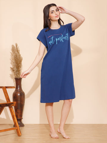 Cotton Chest Quote print Knee Length Night Dress/Night Gown/Short Nighty