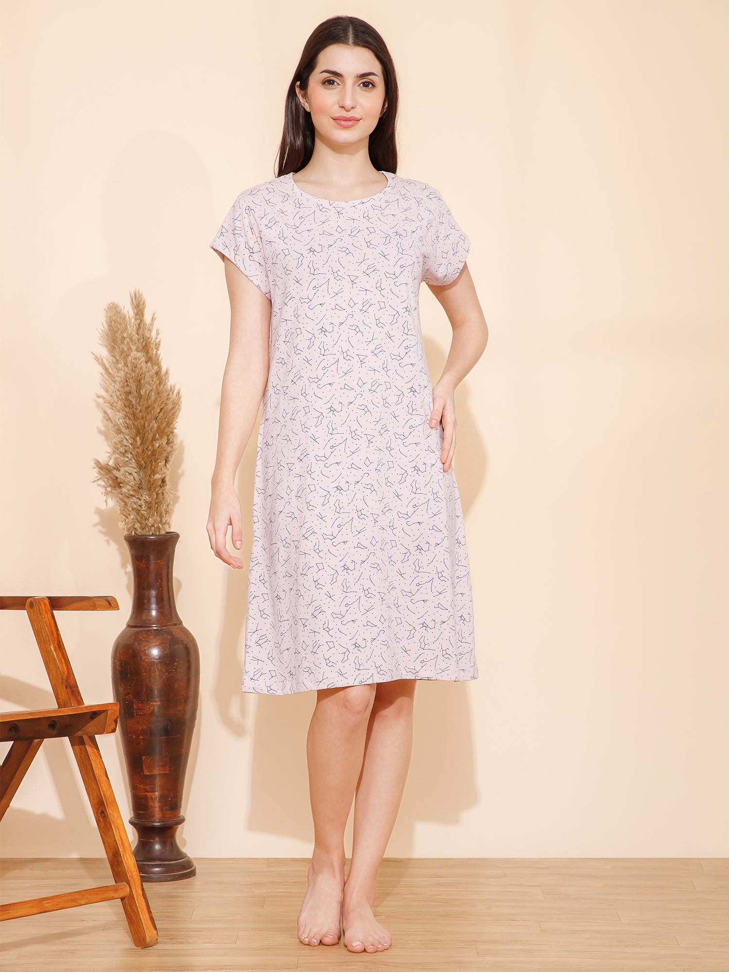 Cotton Lines Print Knee Length Night Dress/Night Gown/Short Nighty