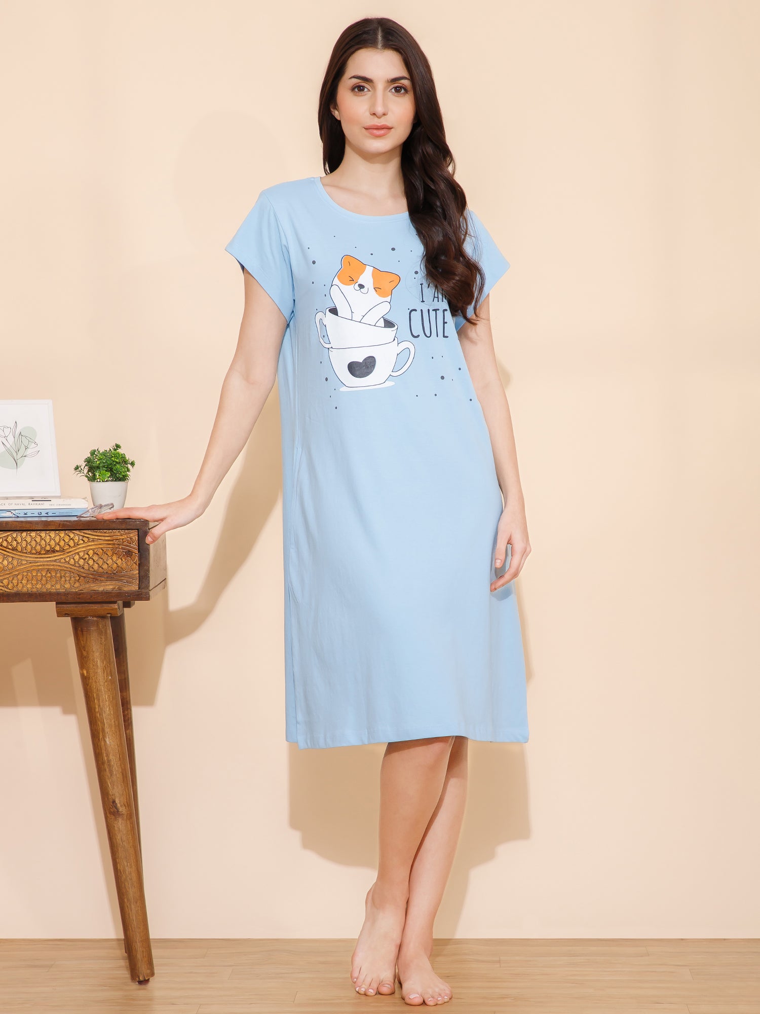 Cotton Chest Quote print Knee Length Night Dress/Night Gown/Short Nighty