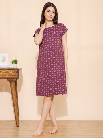 Cotton Flower Print Knee Length Night Dress/Night Gown/Short Nighty