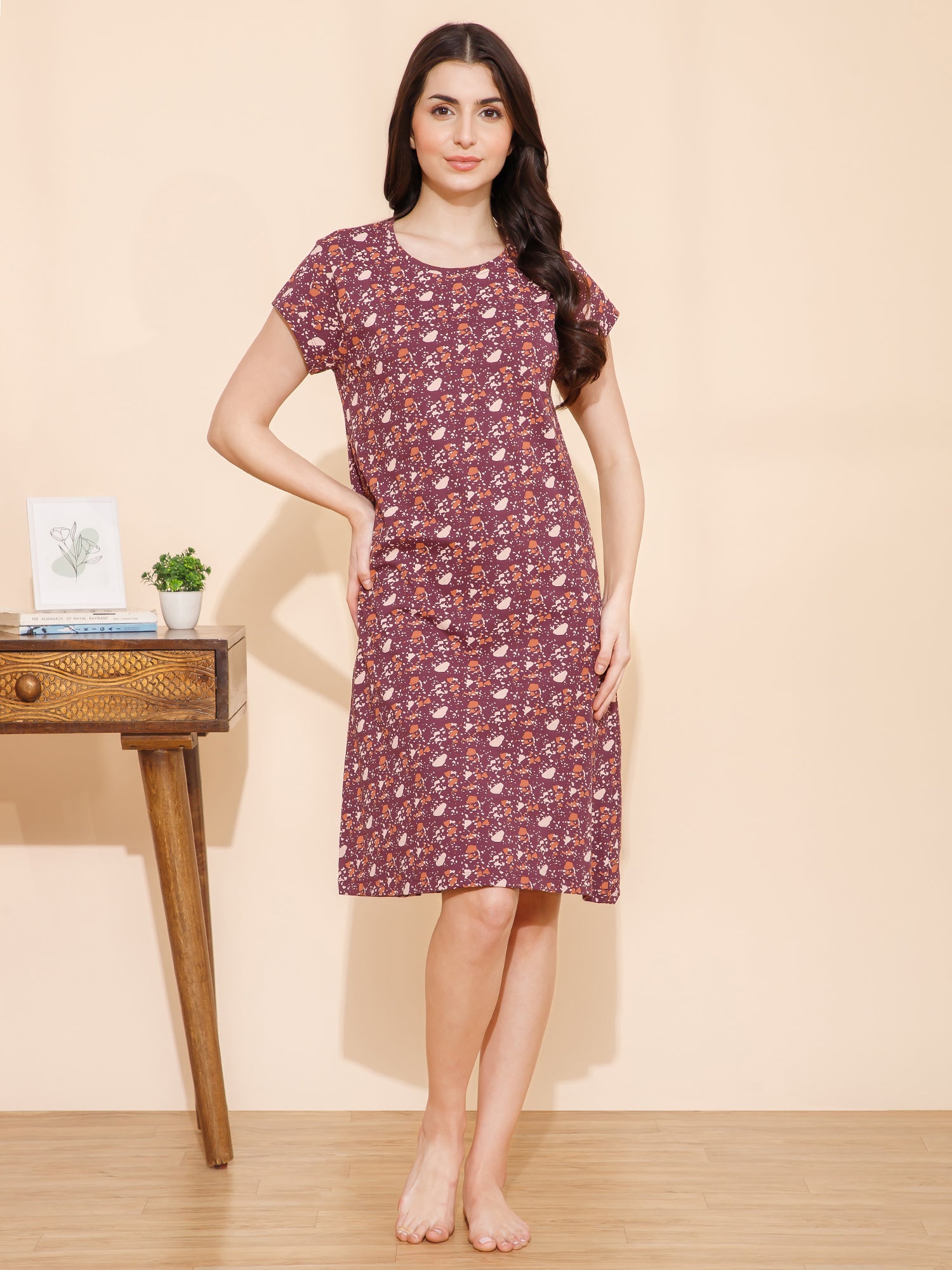 Cotton Spots Print Knee Length Night Dress/Night Gown/Short Nighty