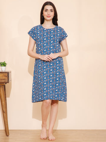 Cotton Spots Print Knee Length Night Dress/Night Gown/Short Nighty