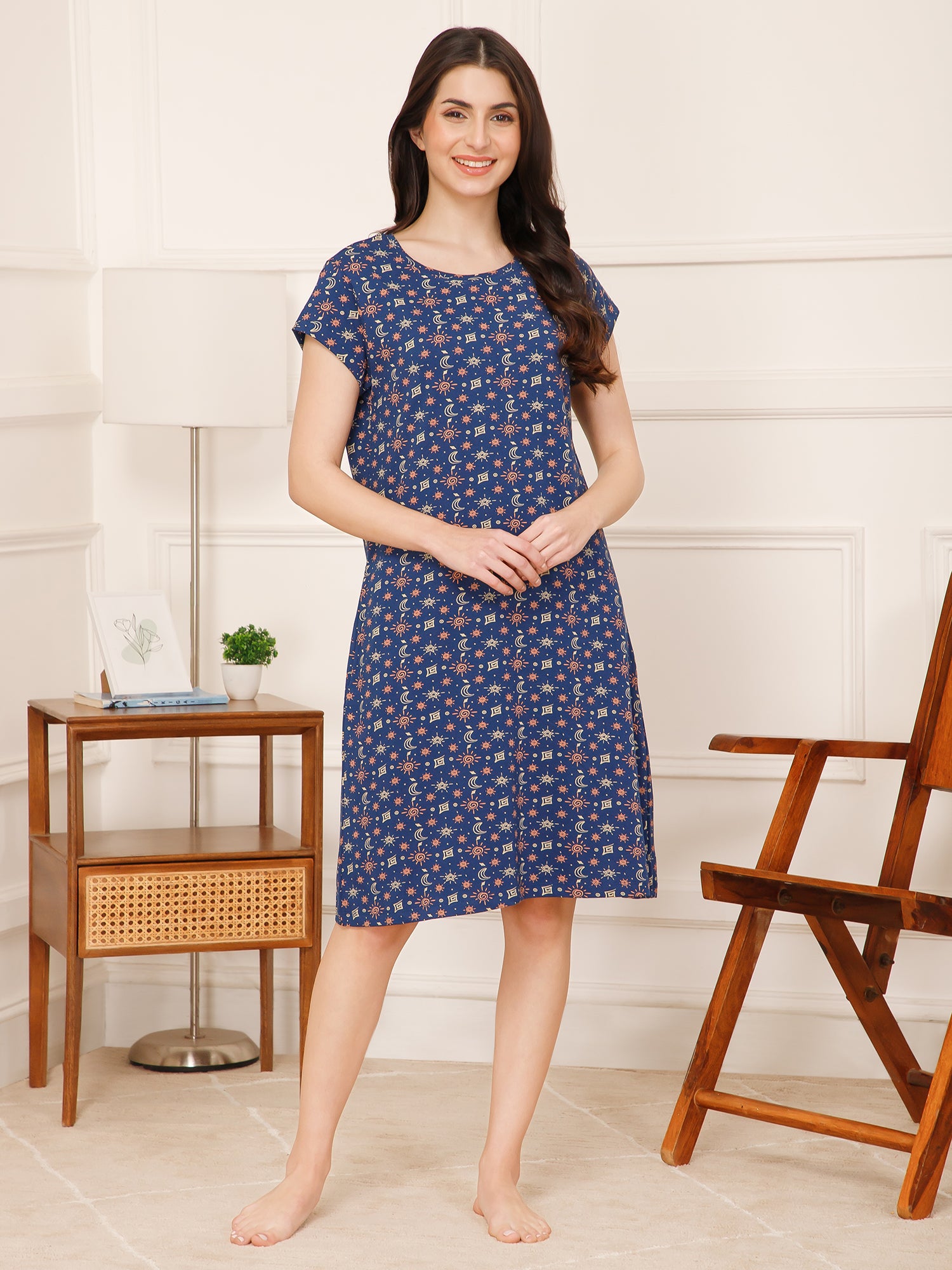 Cotton Shapes Print Knee Length Night Dress/Night Gown/Short Nighty