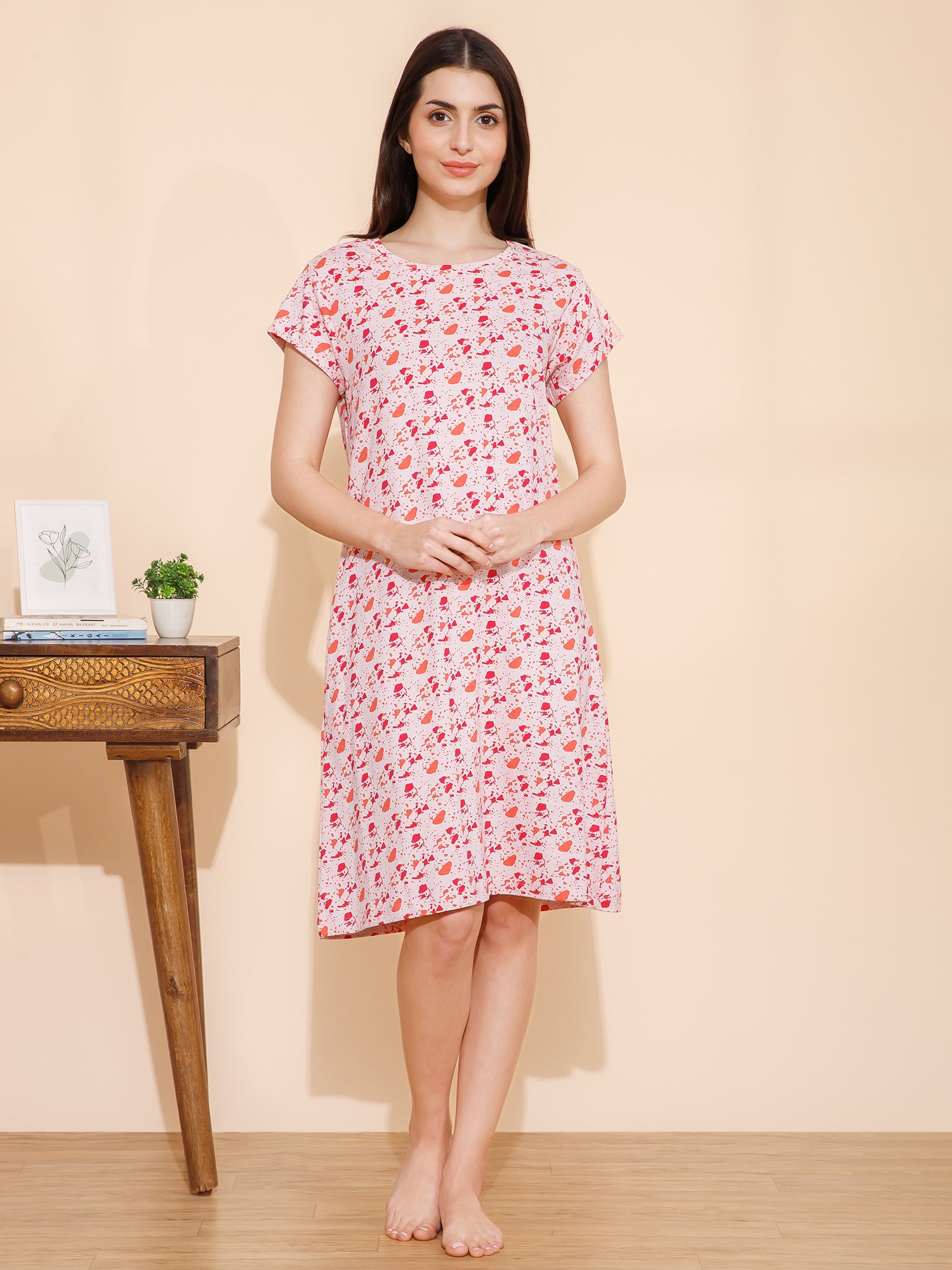 Cotton Spots Print Knee Length Night Dress/Night Gown/Short Nighty