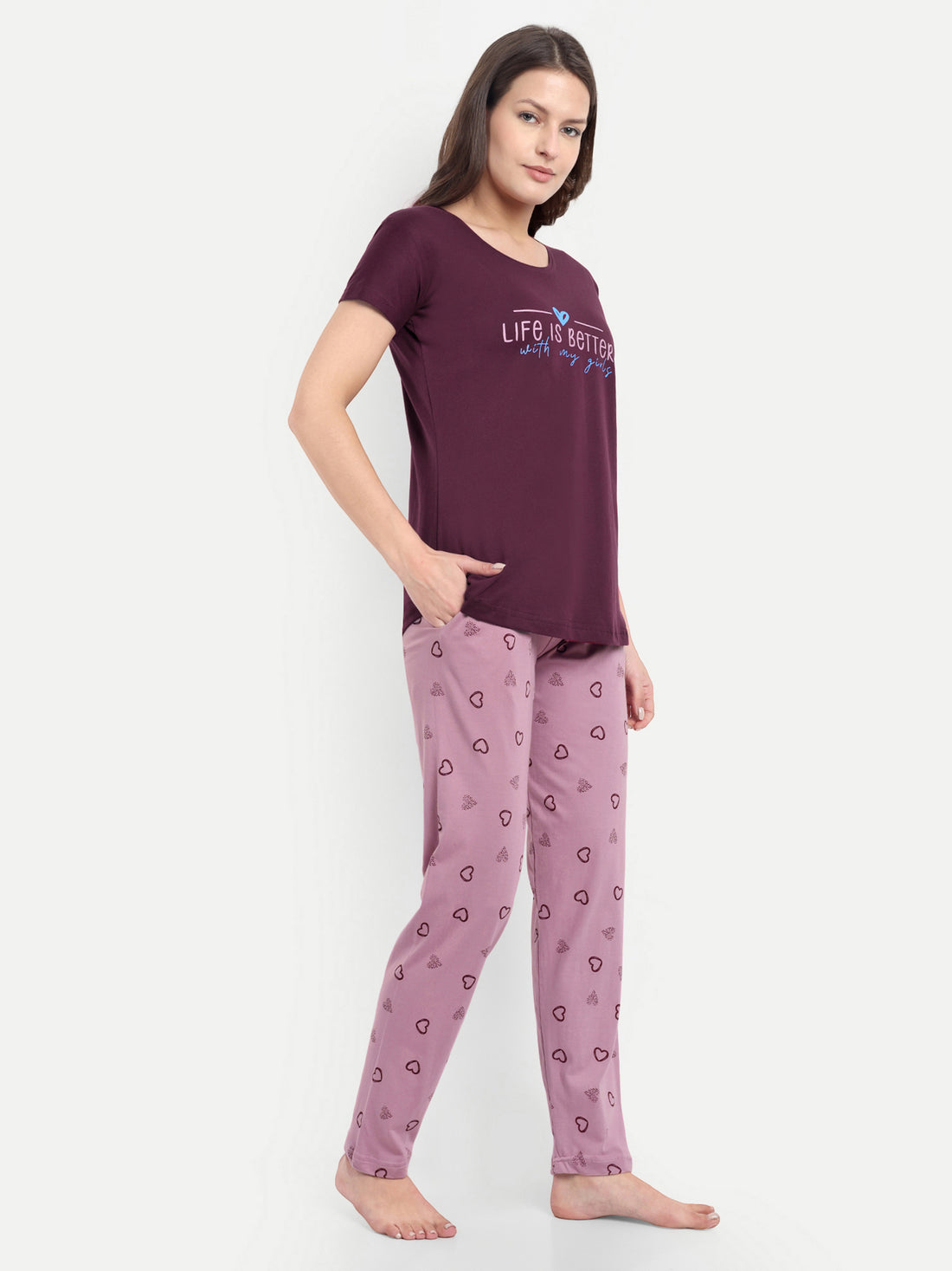 Mushy Mod Women's Cotton Heart Printed Night Suit Set of T-shirt & Pyjama