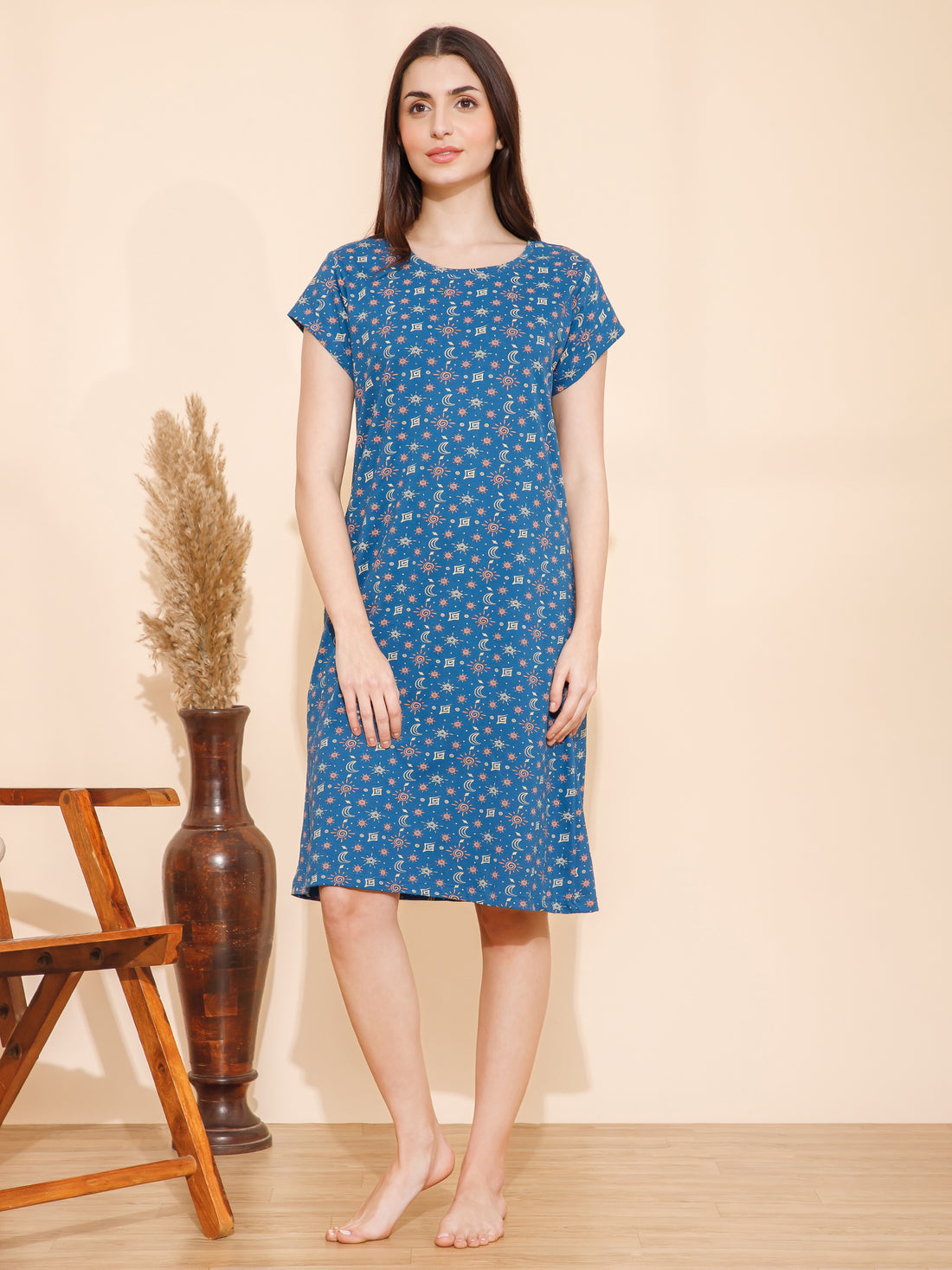 Cotton Shapes Print Knee Length Night Dress/Night Gown/Short Nighty