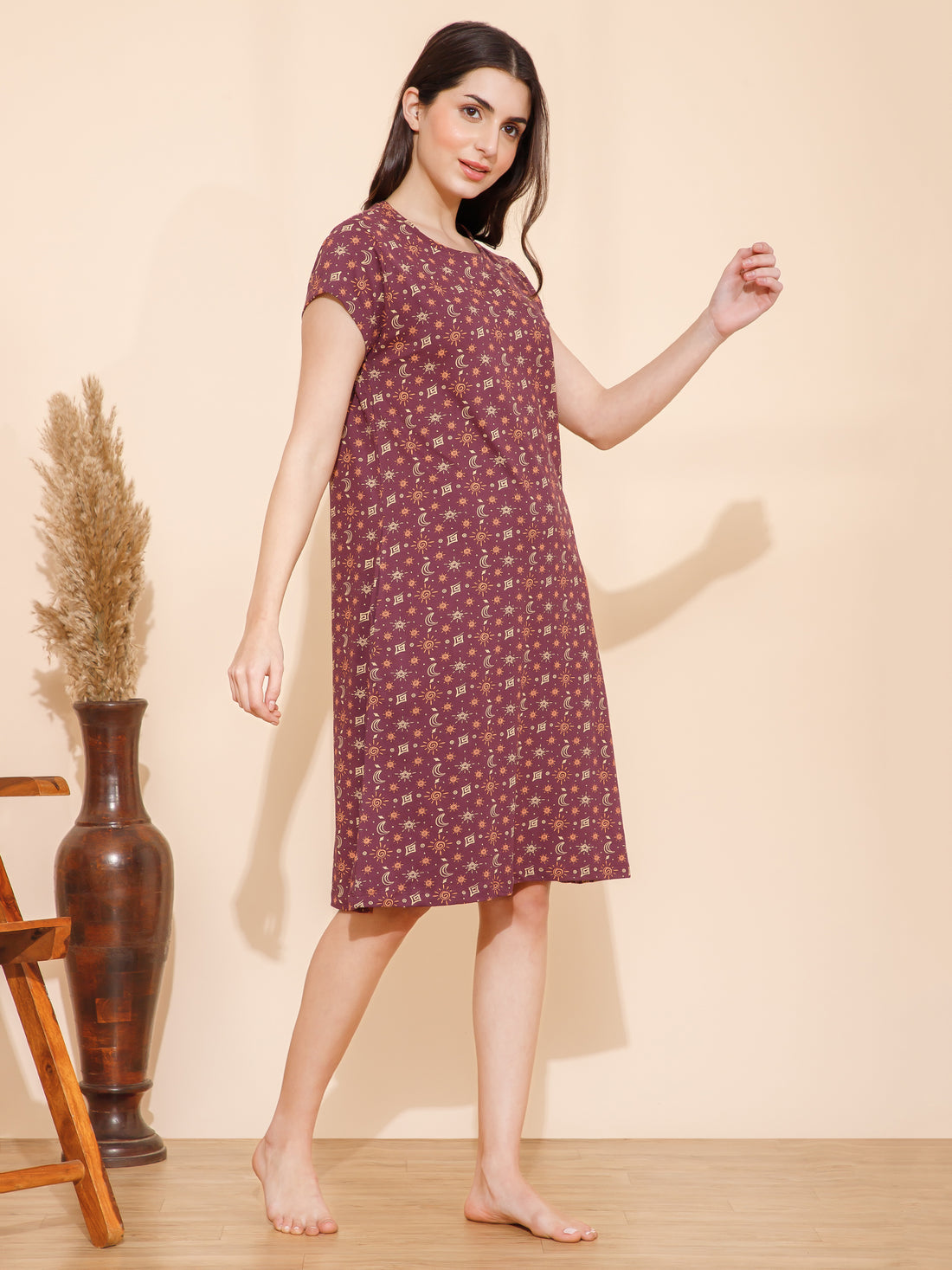 Cotton Shapes Print Knee Length Night Dress/Night Gown/Short Nighty