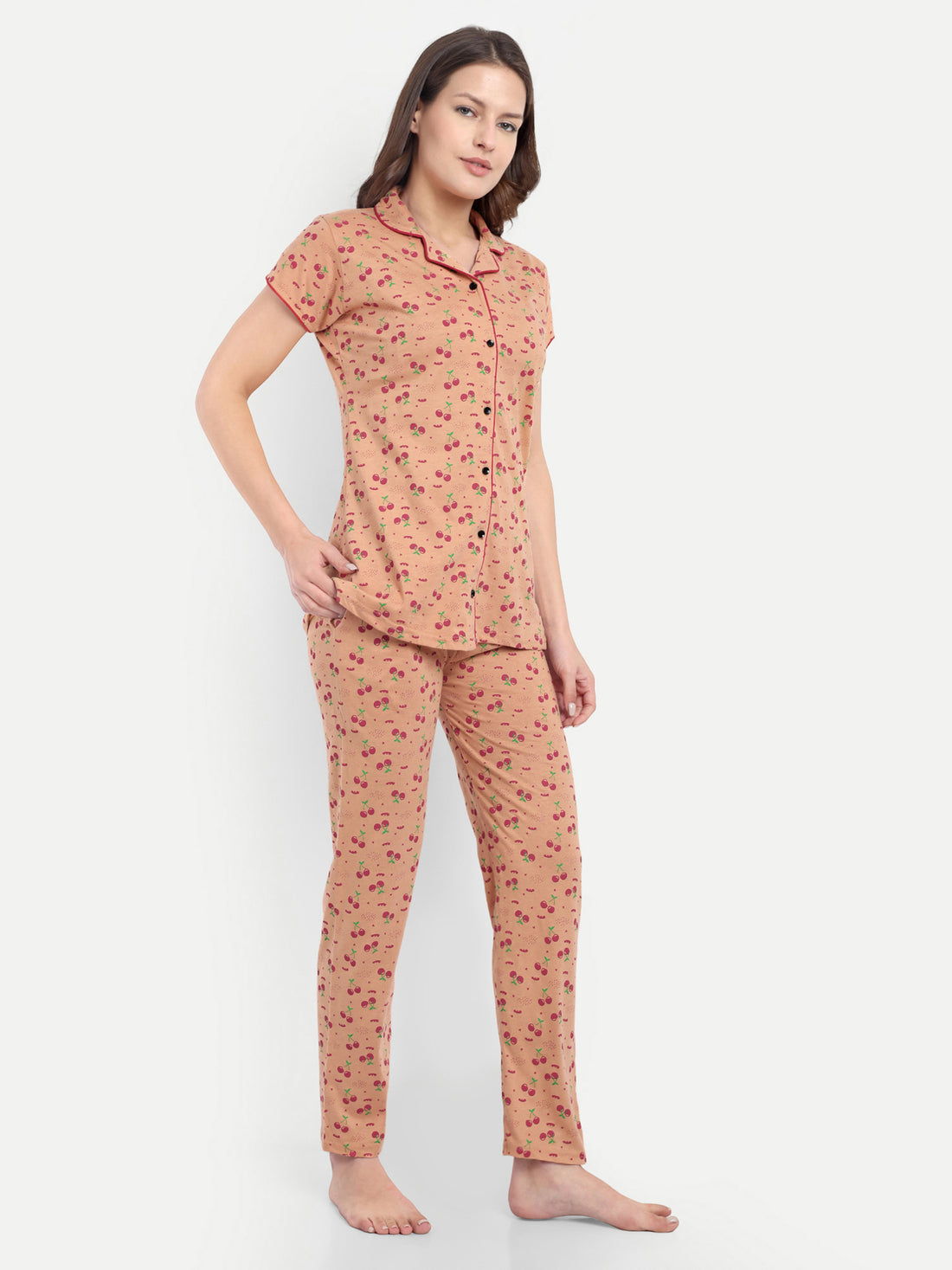 Mushy Mod Women's Cotton Cherry Printed Night Suit Set of Shirt & Pyjama