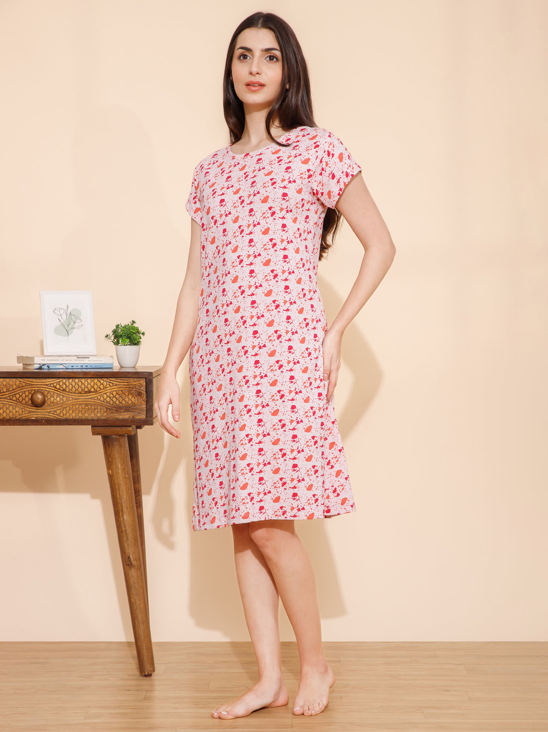 Cotton Spots Print Knee Length Night Dress/Night Gown/Short Nighty