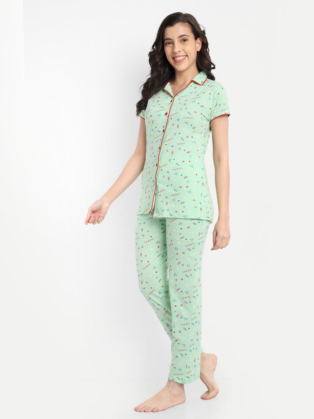 Mushy Mod Women's Cotton Geometrical Printed Night Suit Set of Shirt & Pyjama