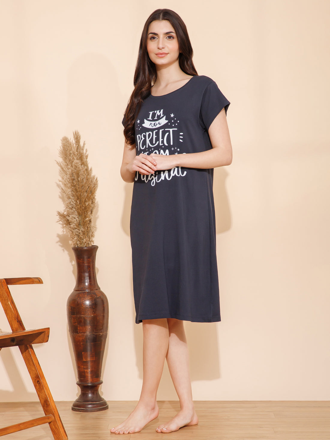 Cotton Chest Quote print Knee Length Night Dress/Night Gown/Short Nighty