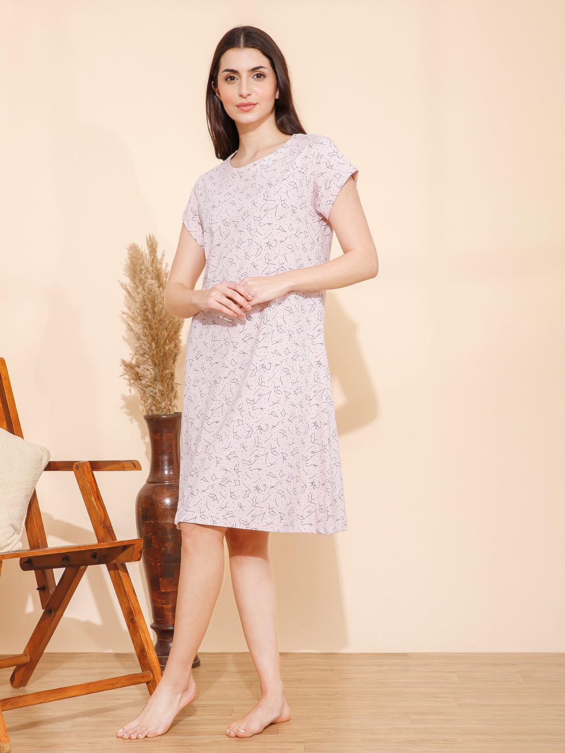 Cotton Lines Print Knee Length Night Dress/Night Gown/Short Nighty