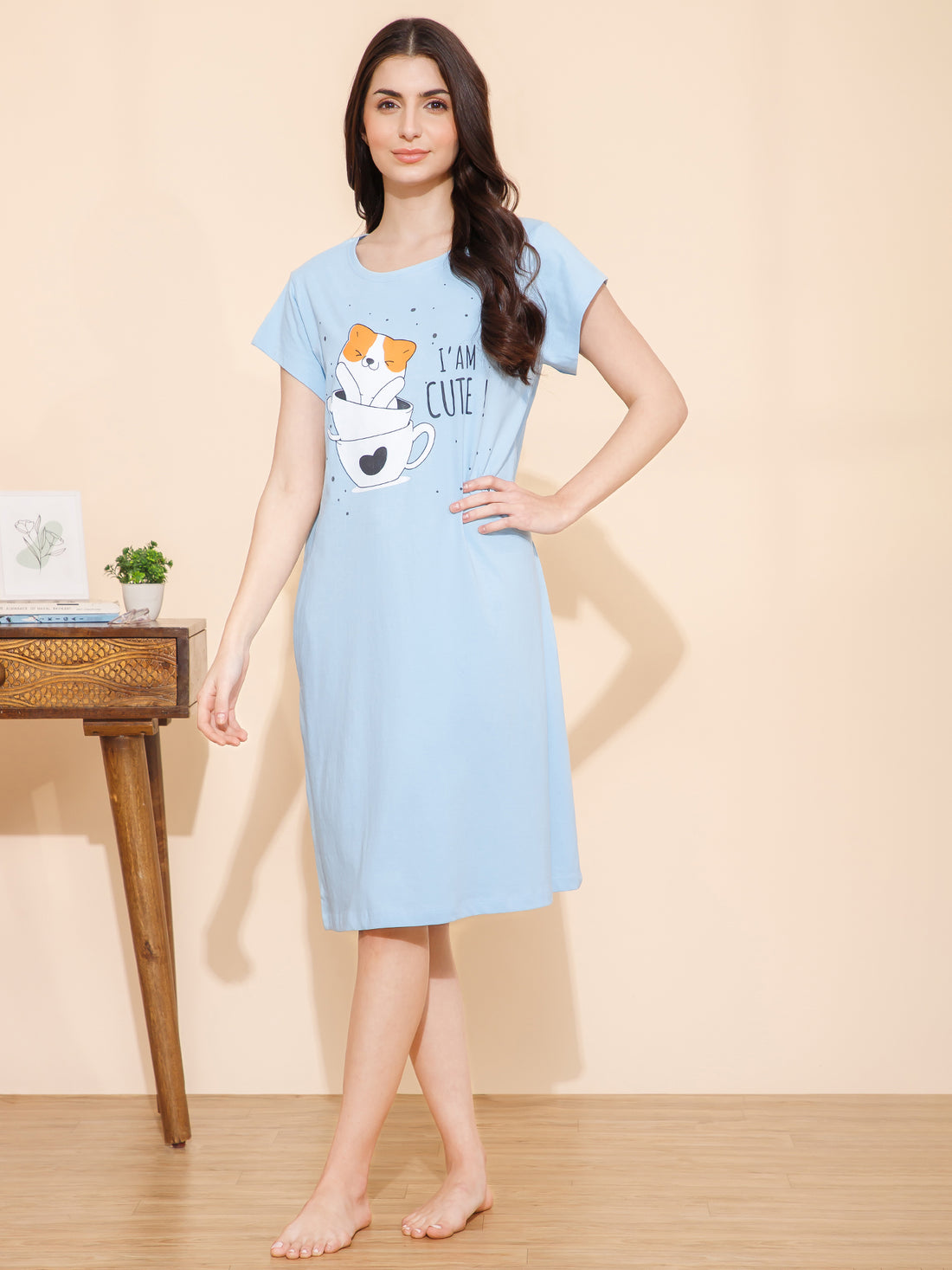 Cotton Chest Quote print Knee Length Night Dress/Night Gown/Short Nighty