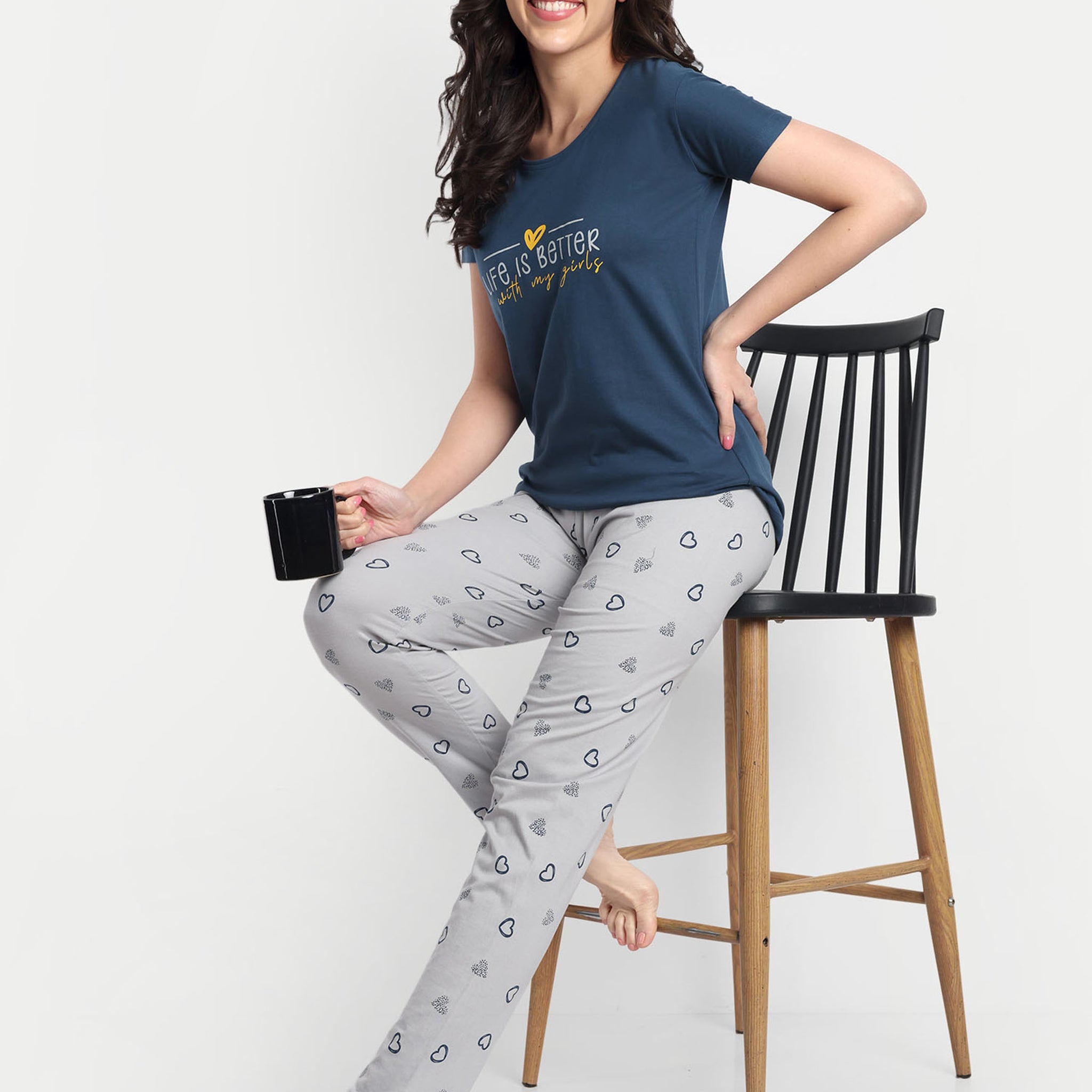 Mushy Mod Women's Cotton Heart Printed Night Suit Set of T-shirt & Pyjama