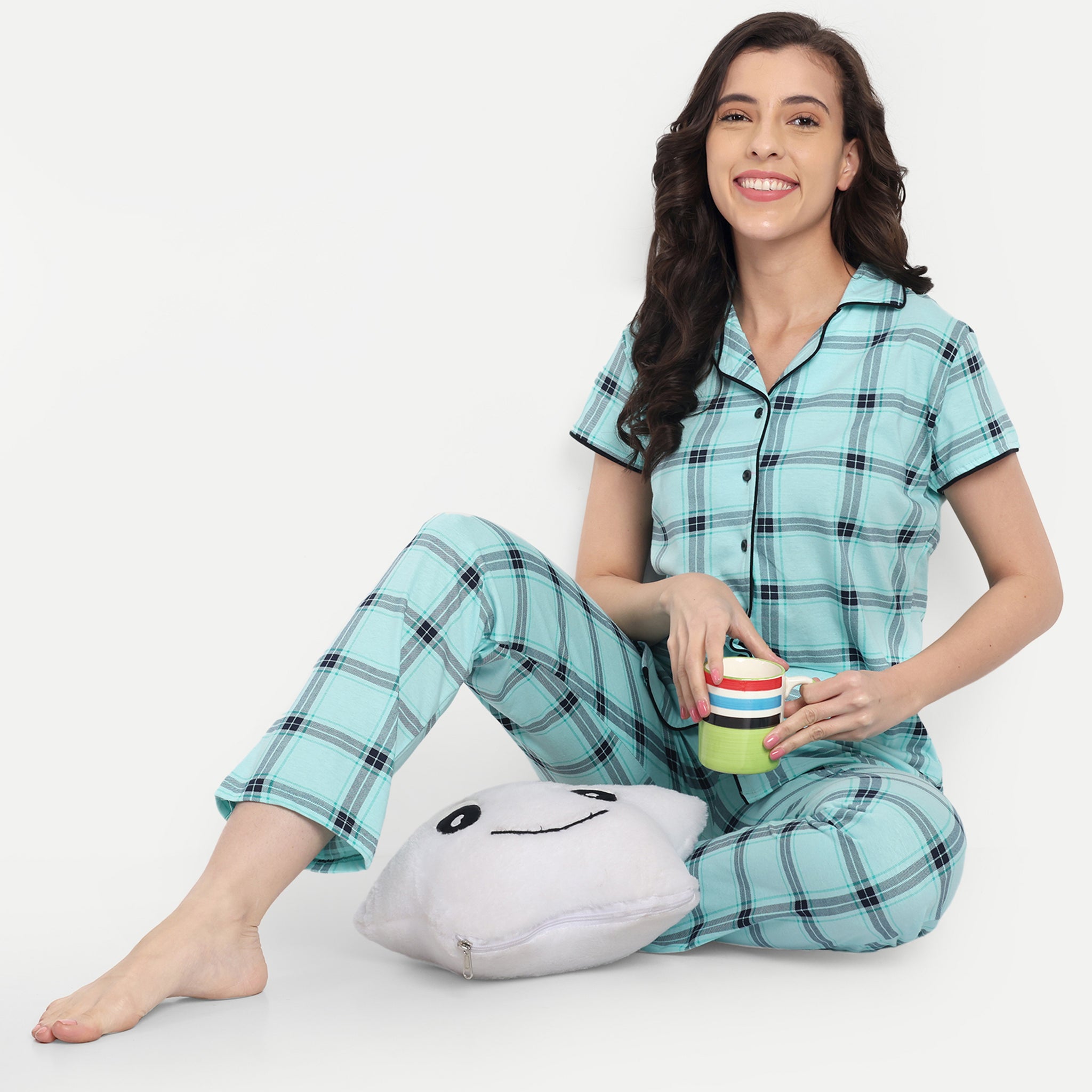 Mushy Mod Women's Cotton Checked Night Suit Set of Shirt & Pyjama