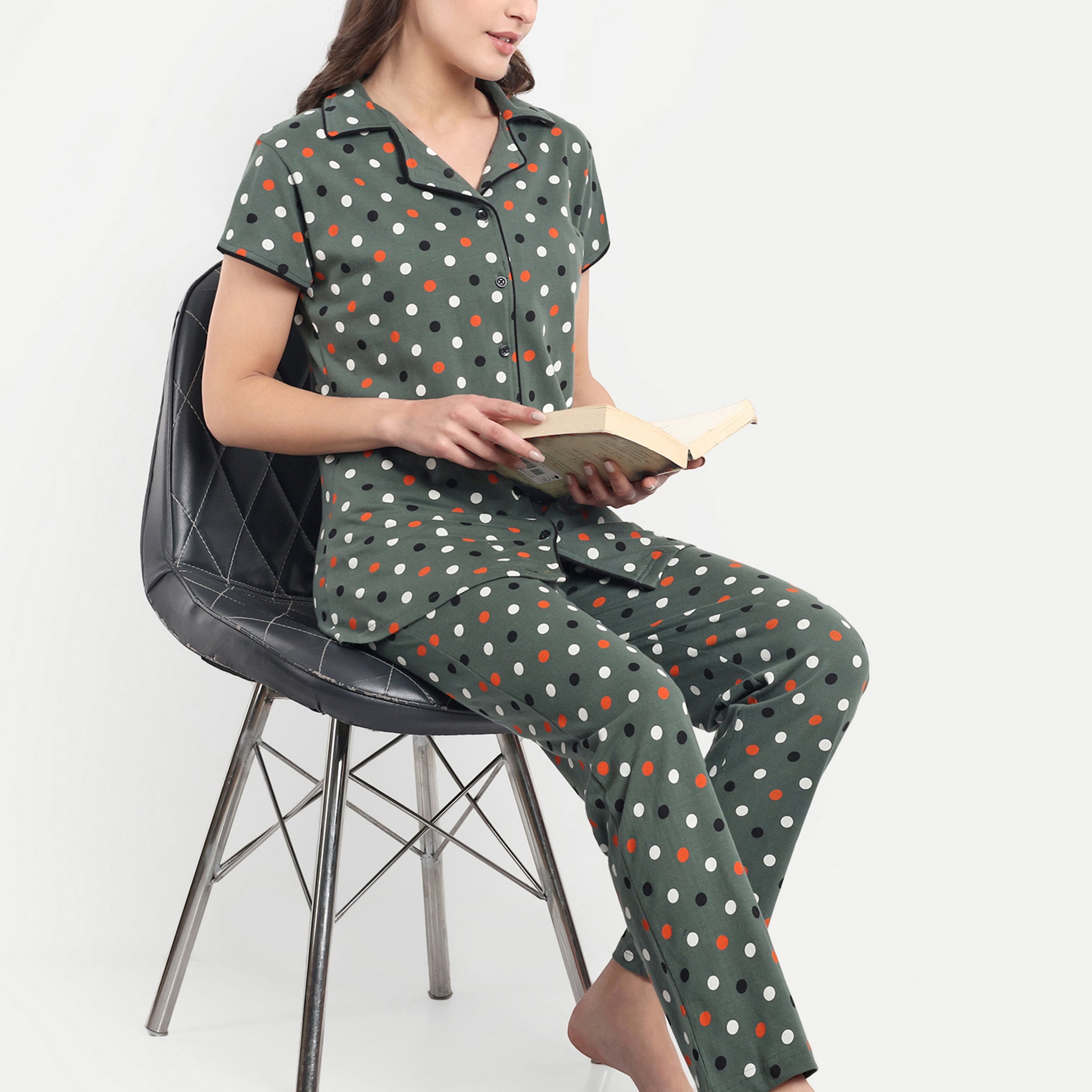 Mushy Mod Women's Cotton Polka Dot Night Suit Set of Shirt & Pyjama