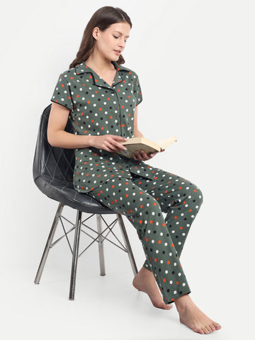 Mushy Mod Women's Cotton Polka Dot Night Suit Set of Shirt & Pyjama