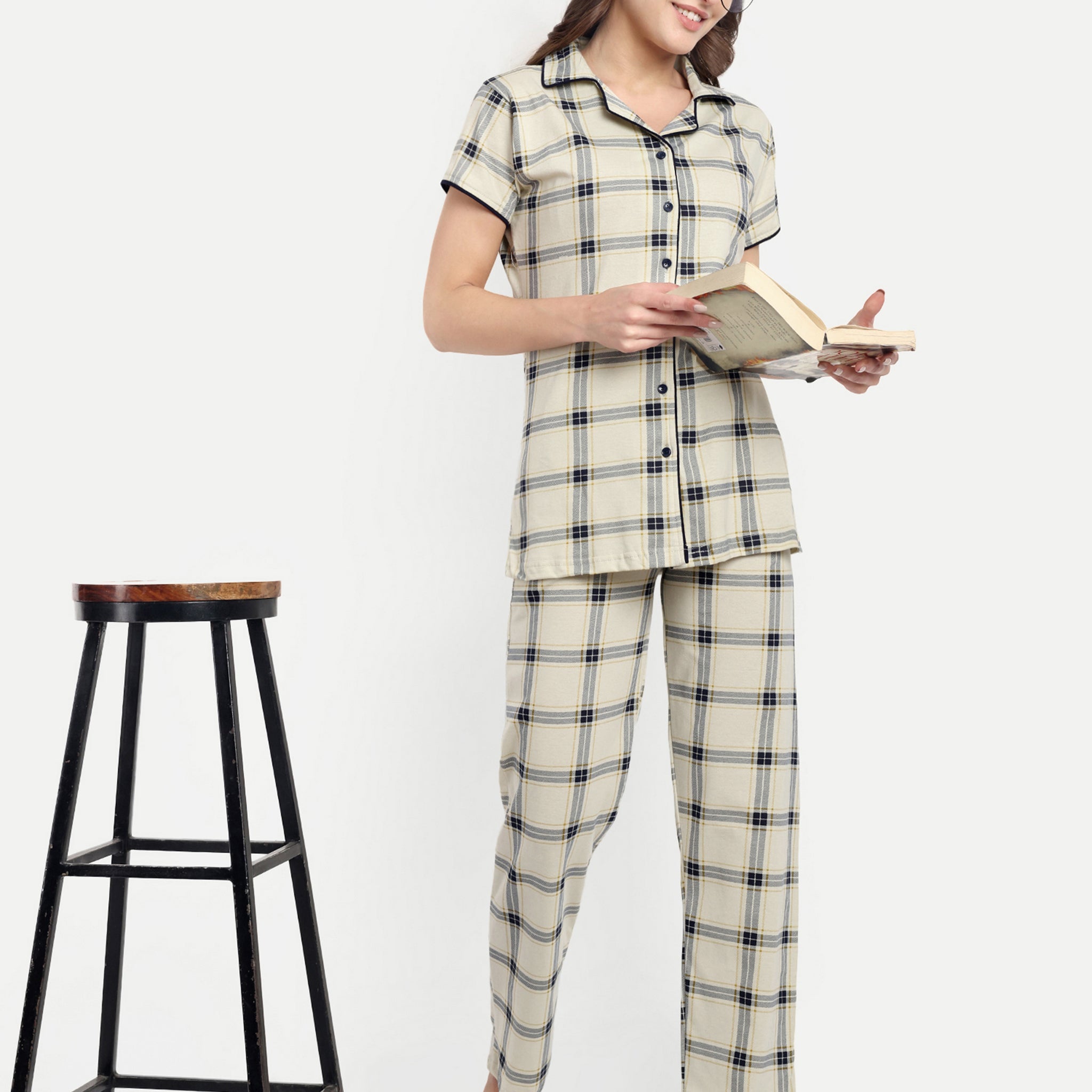 Mushy Mod Women's Cotton Checked Night Suit Set of Shirt & Pyjama