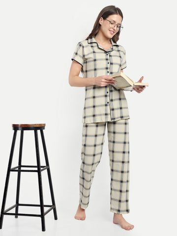 Mushy Mod Women's Cotton Checked Night Suit Set of Shirt & Pyjama