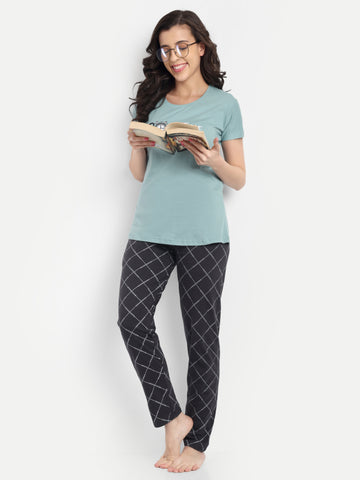 Mushy Mod Women's Cotton Checked Night Suit Set of T-shirt & Pyjama