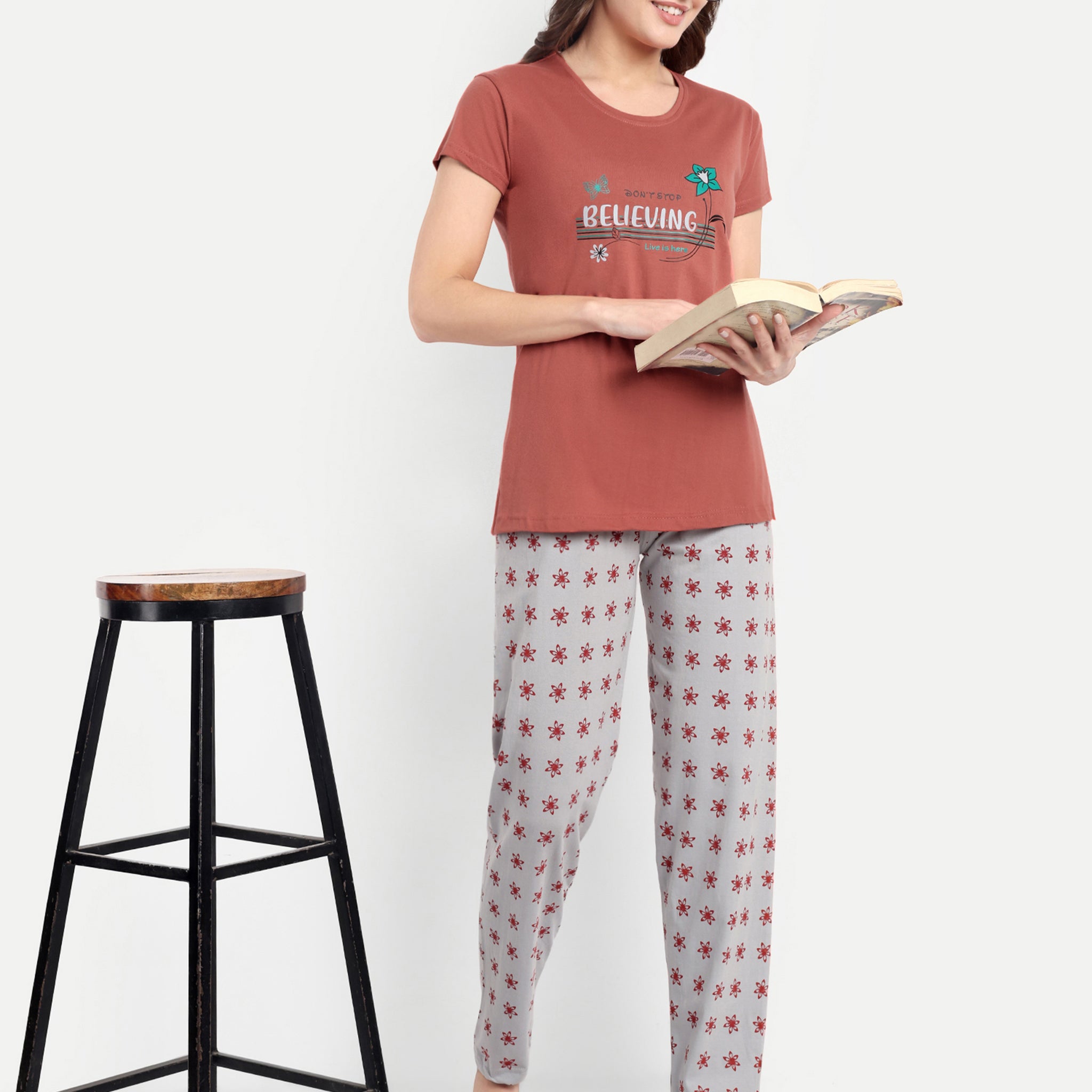 Mushy Mod Women's Cotton Printed Night Suit Set of T-shirt & Pyjama