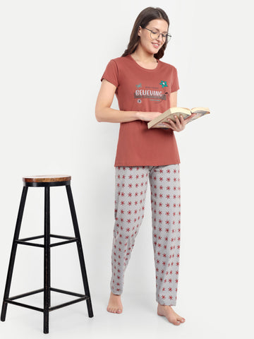 Mushy Mod Women's Cotton Printed Night Suit Set of T-shirt & Pyjama