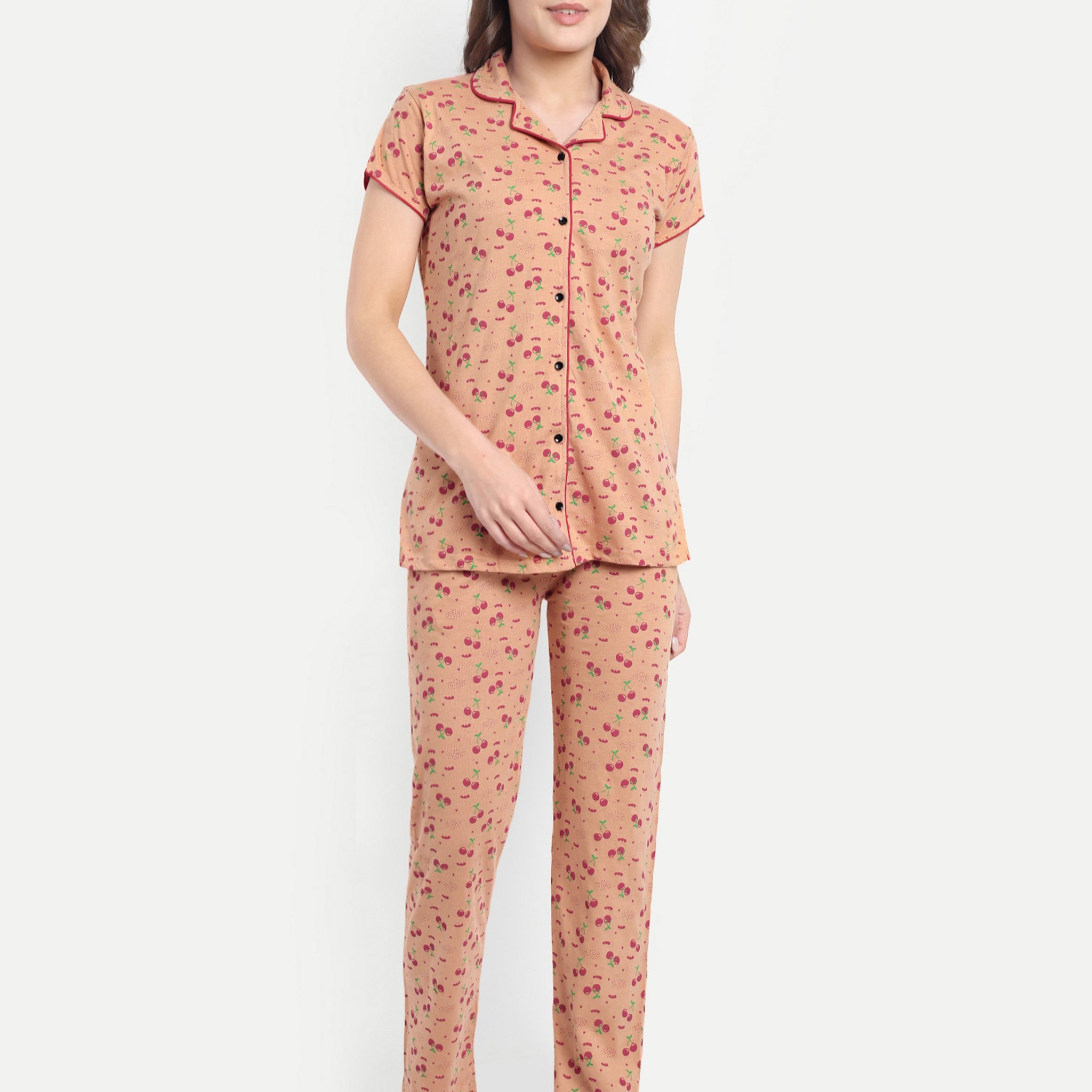 Mushy Mod Women's Cotton Cherry Printed Night Suit Set of Shirt & Pyjama