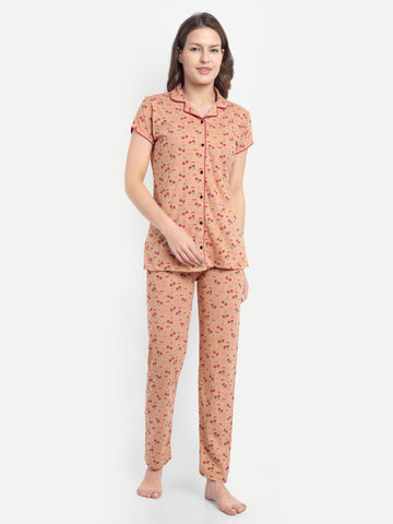 Mushy Mod Women's Cotton Cherry Printed Night Suit Set of Shirt & Pyjama