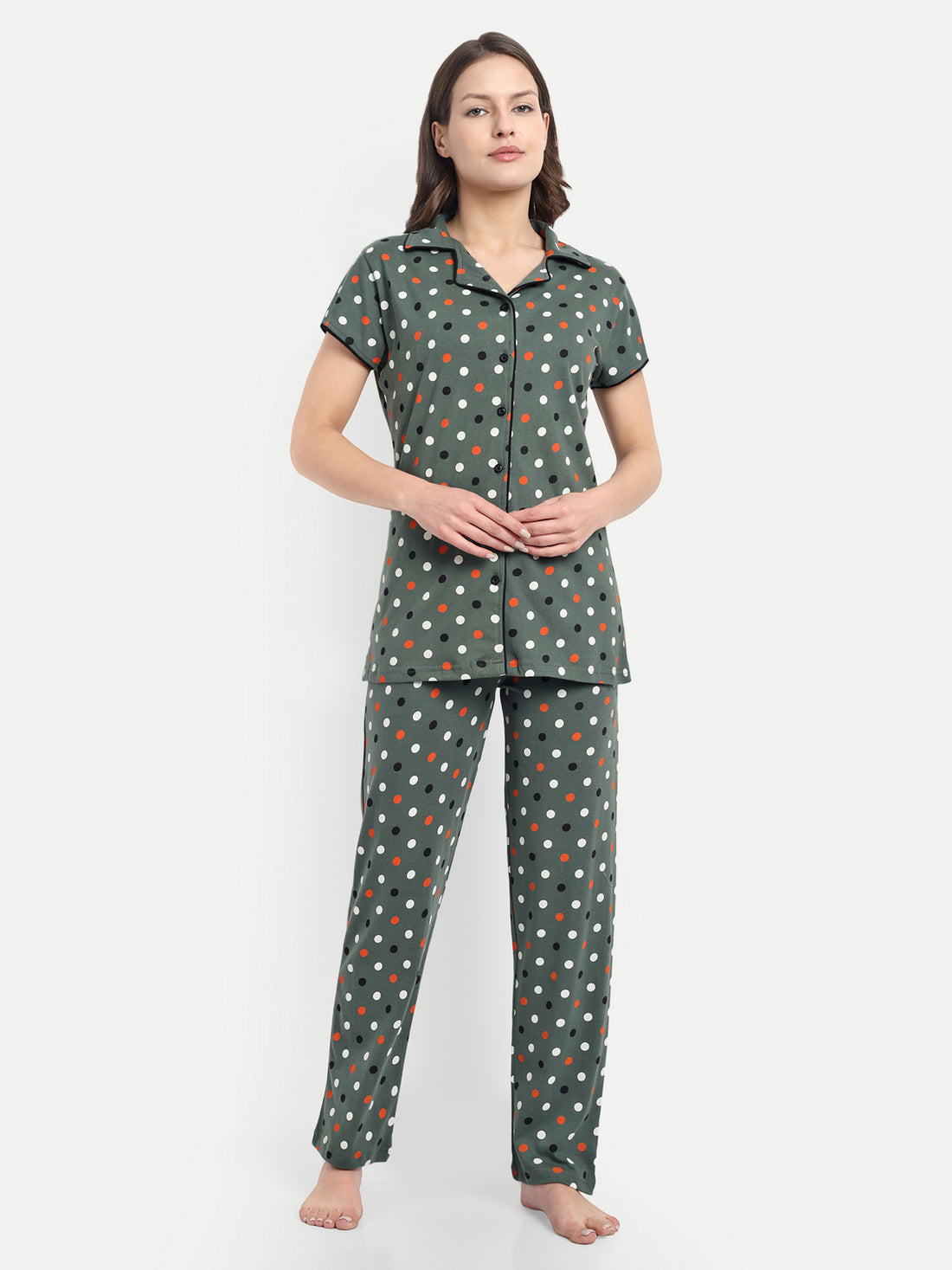 Mushy Mod Women's Cotton Polka Dot Night Suit Set of Shirt & Pyjama