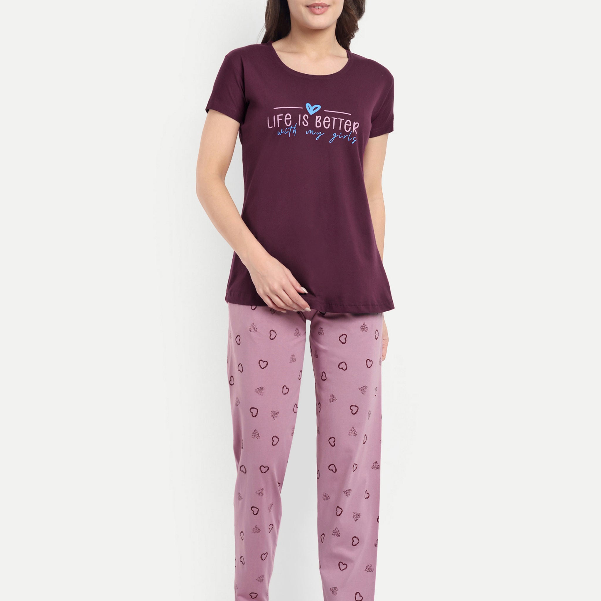 Mushy Mod Women's Cotton Heart Printed Night Suit Set of T-shirt & Pyjama