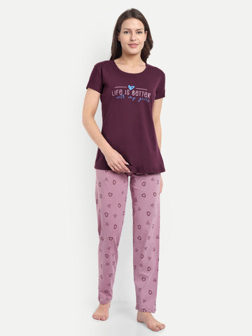 Mushy Mod Women's Cotton Heart Printed Night Suit Set of T-shirt & Pyjama