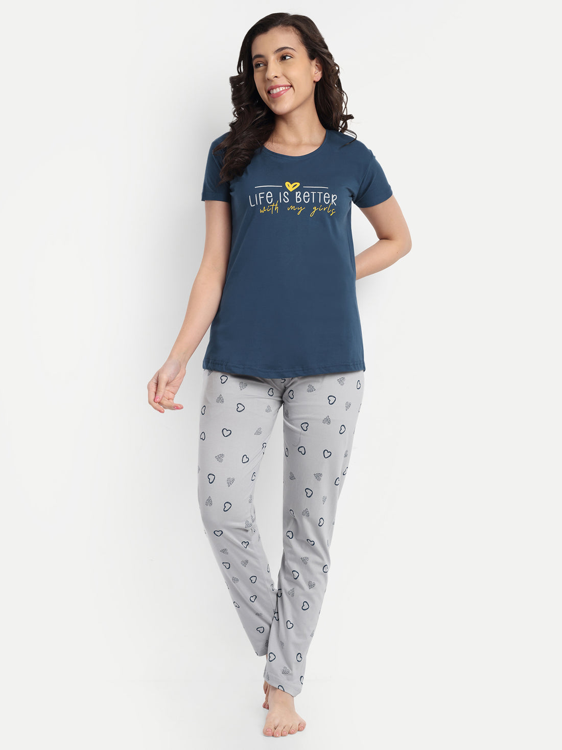 Mushy Mod Women's Cotton Heart Printed Night Suit Set of T-shirt & Pyjama