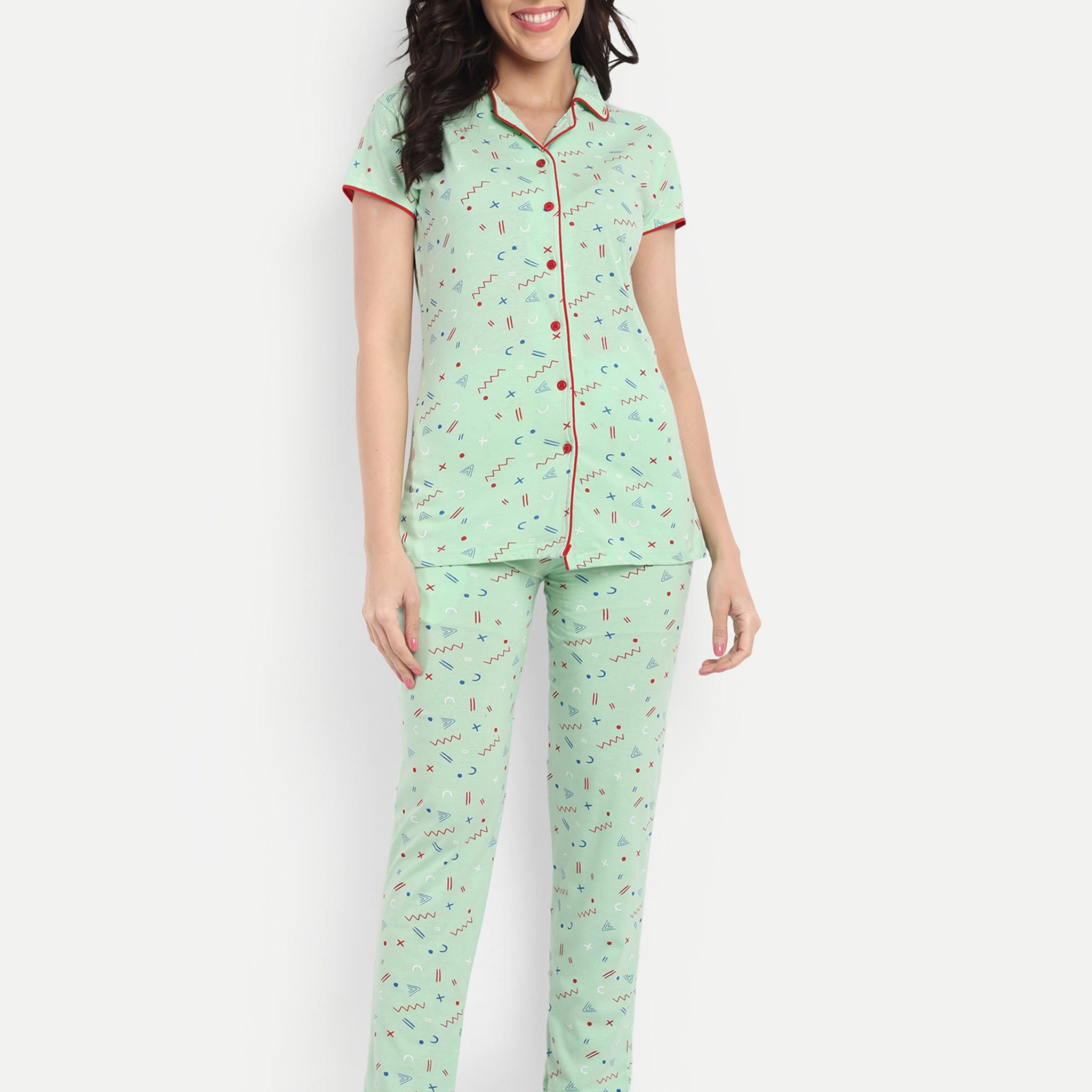 Mushy Mod Women's Cotton Geometrical Printed Night Suit Set of Shirt & Pyjama