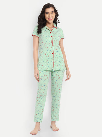 Mushy Mod Women's Cotton Geometrical Printed Night Suit Set of Shirt & Pyjama