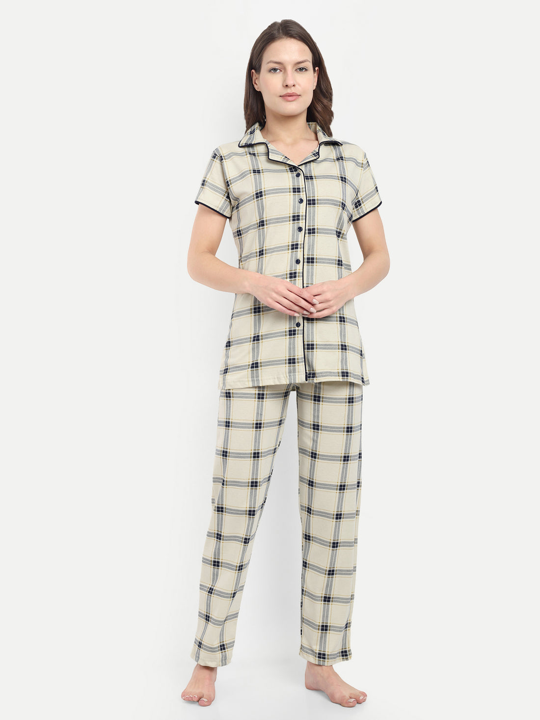 Mushy Mod Women's Cotton Checked Night Suit Set of Shirt & Pyjama