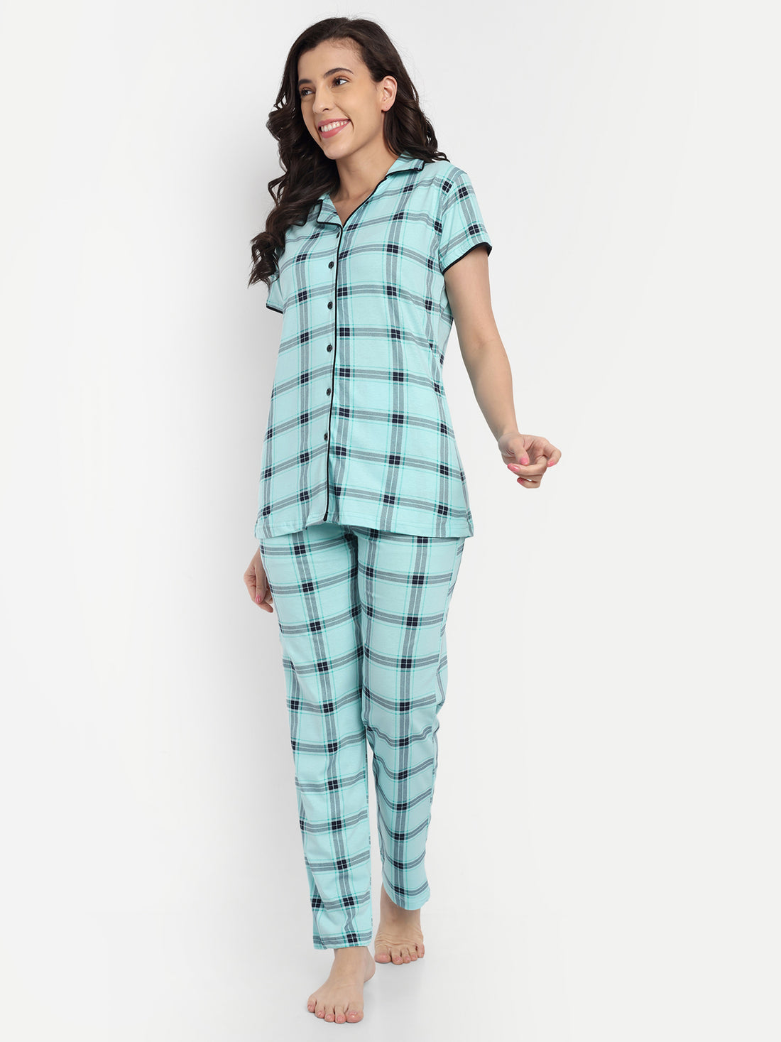 Mushy Mod Women's Cotton Checked Night Suit Set of Shirt & Pyjama