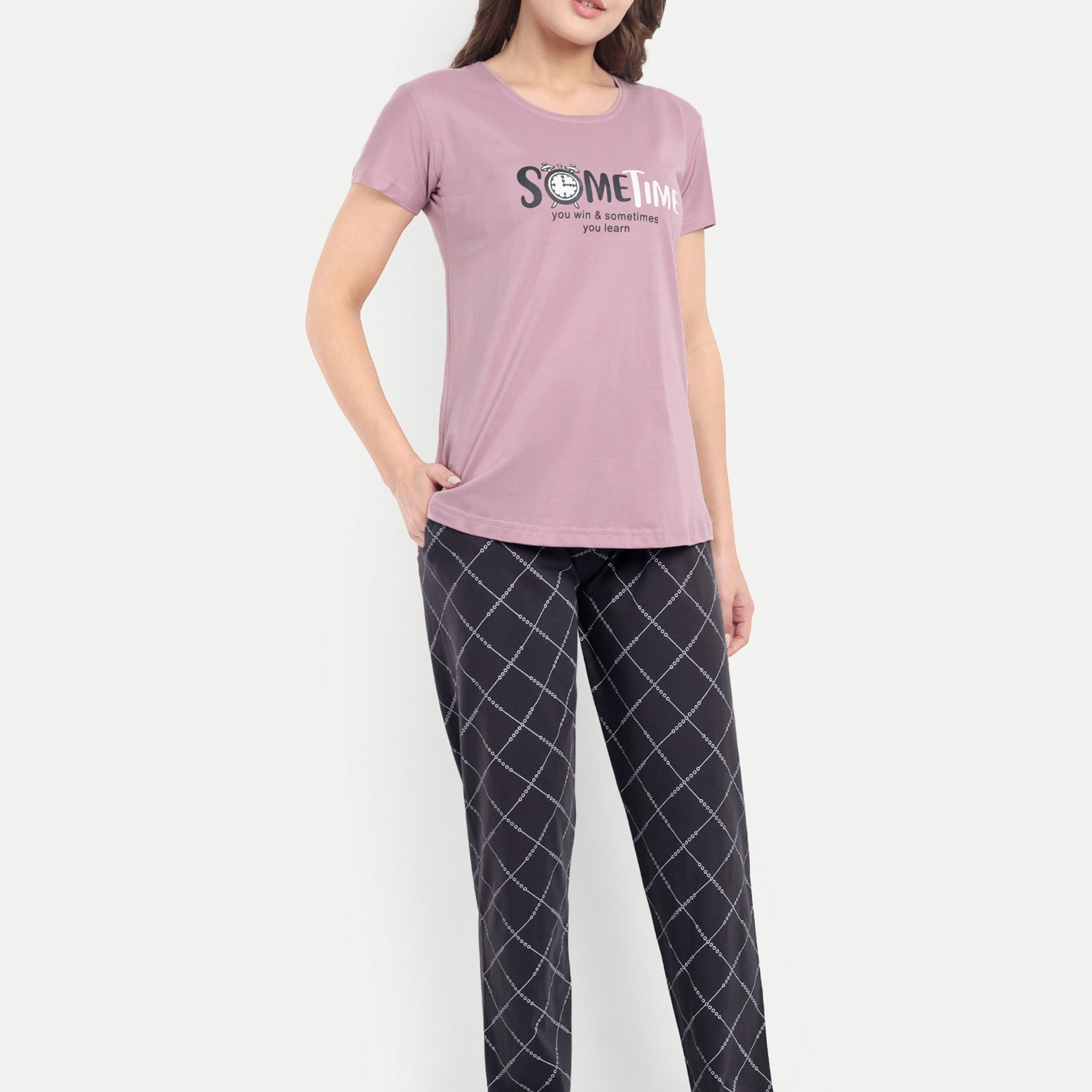 Mushy Mod Women's Cotton Checked Night Suit Set of T-shirt & Pyjama